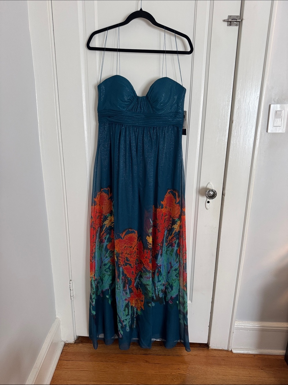 Aqua Teal Strapless Floral Maxi Dress
